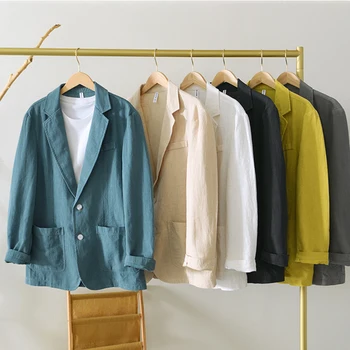 Erkek Pamuk Keten Blazer Ceket 2023 Bahar Düz Renk İnce Nefes Blazer Ceket İş Rahat Erkek Giyim Safari Takım Elbise