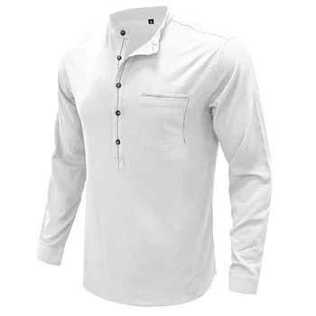 Erkek Pamuk Keten Gömlek Kaliteli Uzun Kollu Düz Renk Henry Yaka Bluz Moda Tek Cep Casual Gömlek Tops Erkek Giyim
