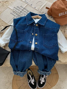 Erkek Takım Elbise İlkbahar Ve Sonbahar kot yelek İki parçalı Set Bebek Kız Giysileri Salonu Koreli çocuk Giyim 2023 Bahar