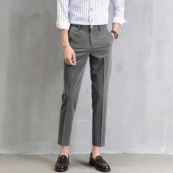 Erkek Takım Elbise Pantolon İlkbahar Sonbahar Yeni Moda İnce Dokuzuncu Pantolon Düz Renk Fermuarlı Cep Pantolon Erkek İş günlük giysi Pantolon