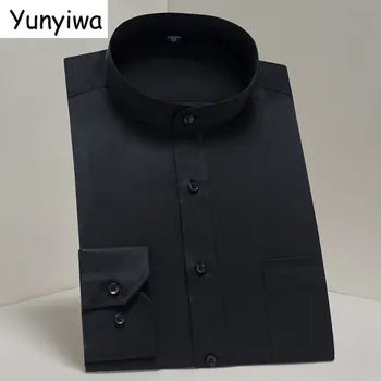Erkek Uzun Kollu Bantlı Yaka (Mandarin Yaka) elbise Gömlek Yama Göğüs Cebi Siyah / Beyaz Akıllı Rahat Standart fit Gömlek