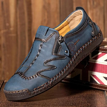 Erkek şık rahat ayakkabılar tüm yıl boyunca giyilebilir Loafer'lar fermuarlı Yumuşak erkek deri ayakkabı Dayanıklı tabanlar
