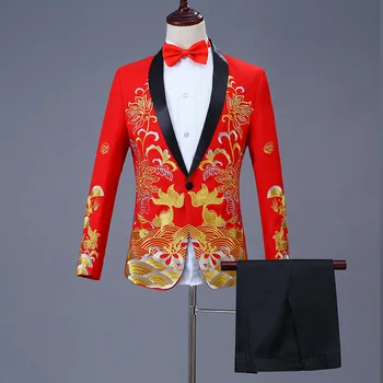 Erkekler 2 Parça Set Takım Elbise Çin Kırmızı Nakış Düğün Parti Ziyafet Elbise Kostüm Erkek Takım Elbise Blazer Seti pantolon seti Büyük Boy Xxxxl