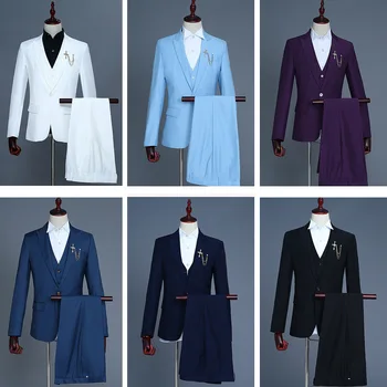 Erkekler 3 adet Takım Elbise (Blazer + Yelek + Pantolon) setleri Broş Erkek Düğün Performans Ceket parti giysileri Erkek Kostümleri Cosplay Üst
