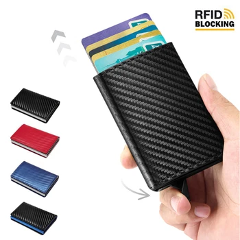 Erkekler Otomatik Kredi kart tutucu karbon fiber deri cüzdan Alüminyum Mini Cüzdan Arka Cep KIMLIK Kartı RFID Engelleme çanta