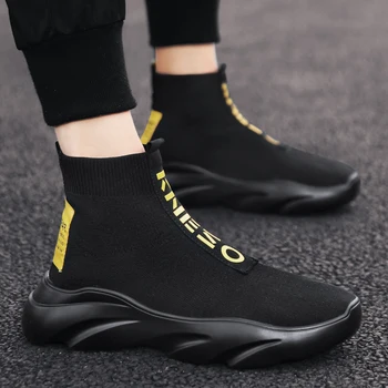 Erkekler vulkanize ayakkabı Nefes Elastik Örgü Çorap yarım çizmeler rahat ayakkabılar Yüksek Üst Koşu Platformu Sneakers Tenis Masculino
