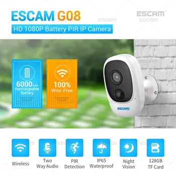 ESCAM G08 1080 P Full HD Açık Kapalı Şarj Edilebilir Pil PIR Alarm WiFi Kamera