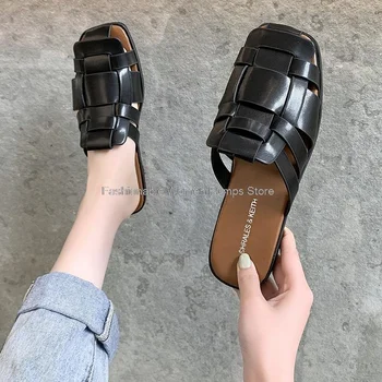 Eğlence Kadın Terlik düz ayakkabı kadın Açık Terlik Marka Terlik Kadın Yaz Sandalet Açık Düşük Topuk Siyah Kahverengi Bej