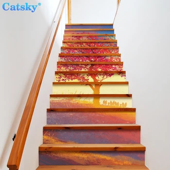 Fantezi Sanatsal Merdiven zemin çıkartmaları Su Geçirmez Çıkarılabilir Kendinden Yapışkanlı Dıy Merdiven Çıkartmaları Resimleri Ev Dekorasyonu 13 adet / takım