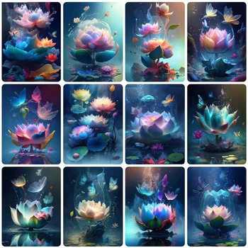 Fantezi Çiçek 5D Elmas Boyama Yeni Tam Kare / Yuvarlak Matkap Lotus Mozaik Elmas Nakış Kelebek Çapraz Dikiş Y678