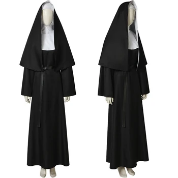 Film İblis Rahibe Cosplay Kostüm Yetişkin Kadın Siyah Rol yapma Giyim Cadılar Bayramı Maskeli Balo Elbisesi