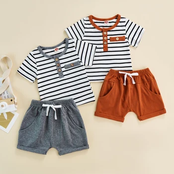 FOCUSNORM 0-24 M Bebek Bebek Erkek Nedensel Giyim Setleri 2 adet Çizgili Baskılı Kısa Kollu T Shirt+Gri Elastik Şort