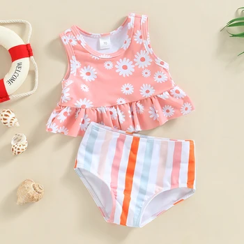 FOCUSNORM 0 - 3Y Toddler Bebek Kız Mayolar 2 adet Kolsuz Ayçiçeği Baskı Ruffles Tops + Çizgili Bikini Alt Seti