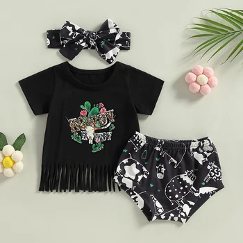 FOCUSNORM 3 adet Bebek Kız yaz giysileri Setleri Kaktüs Mektup İnek Kafası Baskı Kısa Kollu püsküllü tişört Şort Kafa Bandı