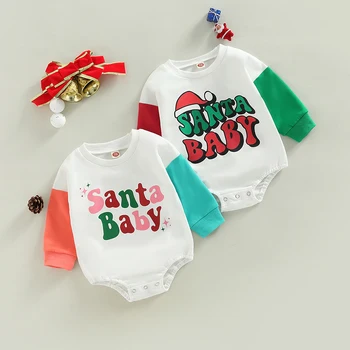 FOCUSNORM Bebek Bebek Erkek Kız Sevimli Noel Romper 0-24M Renk Patchwork Uzun Kollu Şapka / Yıldız Noel Mektubu Baskı Tulumlar