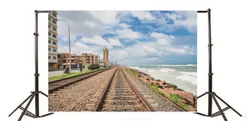 Fotoğraf Backdrop Sahil Demiryolu Parçaları Taşlar Bina Ev Mavi Gökyüzü Beyaz Bulut Doğa Seyahat