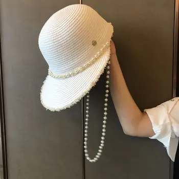 Fransız Yeni Lafite Kürk Hasır Şapka Ördek Dil Şapka İnci plaj şapkası kadın Yaz Plaj Güneşlik Şapka Güneş Koruma Binicilik Şapka