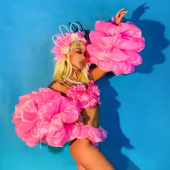 Gece kulübü Kadın Şarkıcı Sahne Performansı Seksi Bikini Takım Gogo Dansçı Büyük Çiçekler Podyum Gösterisi Kostümleri Rave Kıyafetler DWY5708