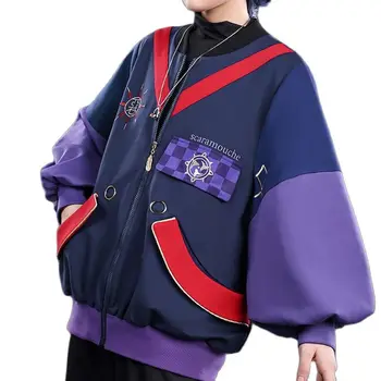 Genshin Darbe fermuarlı ceket Hoodies Anime Scaramouche Cosplay Kazak Patchwork Bombacı Ceket Spor Eşofman Giysileri