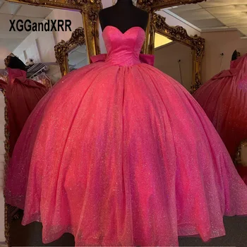 Gerçek Fuşya Quinceanrea Elbiseler 2023 Zarif Sevgiliye Büyük Yay Pullu Balo Balo Elbise Tatlı 15 16 Prenses Pageant Gala