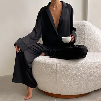 Gevşek Uzun Kollu kısa pantolon Kadın Pijama Viskon Düğme İç Giyim Dış Giyim İlkbahar Yaz Kadın Pijama Seti