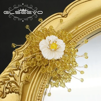 GLSEEVO Doğal Kabuk Kristal Çiçek Zirkon Kadın Broş 2022 Tasarım Elegance Sevimli Rozet Nişan Özelleştirilebilir Hediye GO0407