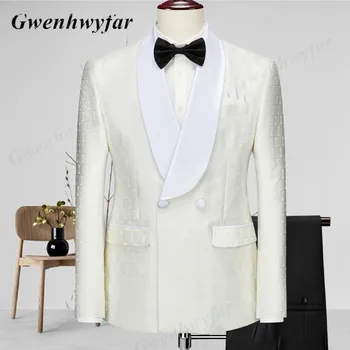 Gwenhwyfar Kruvaze Bej Polka Dot Takım Elbise Erkekler için 2022 Resmi Balo Lideri Şarkıcı Smokin İyi Damat Düğün Takım Elbise Kıyafet