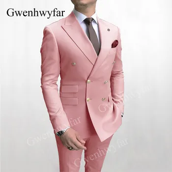 Gwenhwyfar Pembe Erkek Takım Elbise Kruvaze Blazer ince pantolon Basit Moda kesim Groomsmen Düğün Parti giyim Takım Elbise Özel Boyut