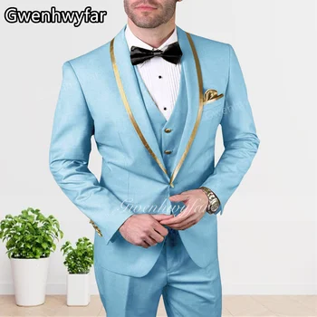 Gwenhwyfar Yeni Iş Gökyüzü Mavi Giyim erkek Düğün Altın Yaka Damat Smokin Terno Masculino Balo Blazer 3 parça