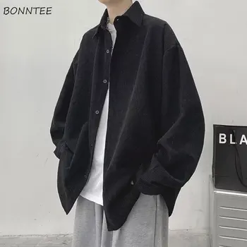 Gömlek Erkekler Minimalist Kadife Uzun Kollu Japon Katı Tüm Maç Harajuku Streetwear Baggy Gençler Koleji Unisex Giyim Rahat