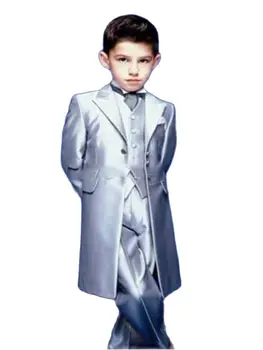 Gümüş Parlak Saten 3 Adet Erkek Takım Elbise Slim Fit Çocuk Takım Elbise Ceket kostüm düğün elbisesi Smokin Çocuk Balo Takım Elbise Ceket + pantolon + Yelek