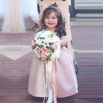 Güzel Dantel Saten Bebek Çocuk Çiçek Kız Elbise Ayak Bileği Uzunluk İlk Communion Kısa Kollu Backless Büyük Yay Balo Prenses