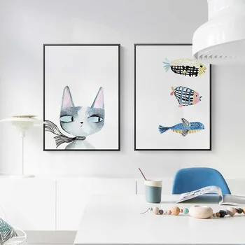 HAOCHU Yaratıcı İskandinav Dekoratif Tuval Boyama Karikatür Posterler Kedi bir Eşarp ile bakıyor İdiographic Balıklar