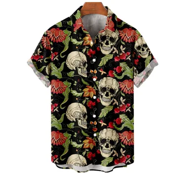 Havai gömleği Erkek Rahat Kısa Kollu Gömlek Yaz Erkek Streetwear Kafatası Ve Çiçek Baskı Elbise