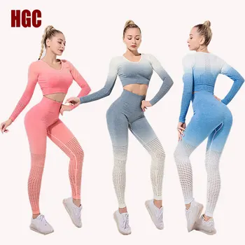 HGC Yoga Seti Ombre Kadın Spor Kademeli Değişim Spor Tayt Ve Üst Örgü Spor Giyim İnce Spor Takım Elbise Egzersiz Spor Kıyafet