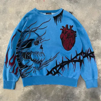 Hip Hop Kazak Tişörtü Boy Harajuku Komik Koyu Kalp Kafatası Desen Baskı Mavi Hoodies Erkekler Kadınlar Moda Streetwear