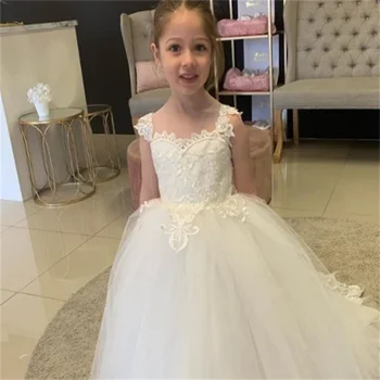 Ilk Cemaat Elbiseler Dantel Baskı Kolsuz Yay Kemer Çiçek Kız Prenses Elbise Düğün Parti Rüya Çocuklar Hediye