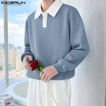 INCERUN Üstleri 2023 Kore Tarzı Yakışıklı erkek Kontrast Renk Paneli Bluz Casual Basit Tüm Maç Erkek Uzun Kollu Gömlek S-5XL