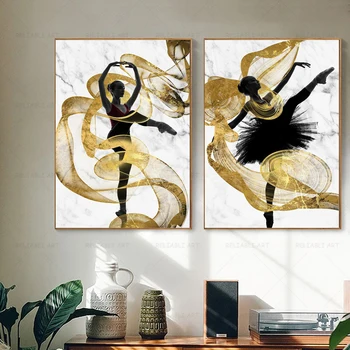 Iskandinav Modern Sanat Mermer Doku Siyah ve Beyaz Bale Kız Altın Çizgi Dekoratif Boyama Tuval Posterler ve Baskılar Ev Dekor