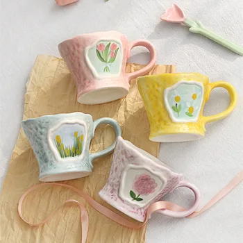 Iskandinav çiçekli seramik Kahve Kupa Mutfak Kahvaltı Içme Süt çay bardağı Ev Dekoratif Vintage ısıya dayanıklı Kupa Bardak çay bardağı