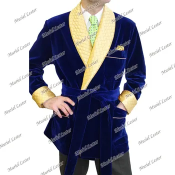 İlkbahar / Sonbahar Donanma Kadife Takım Elbise Ceket Kemer Damat Giyim Doruğa Yaka Sağdıç Blazer Custom Made Düğün Smokin Erkek Ceket