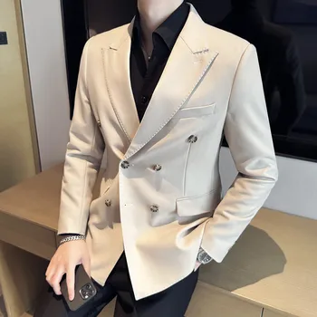 İngiliz Tarzı Kruvaze Erkek Blazers Casual takım elbise Ceket İnce Kapatma Yaka Düğün Streetwear Sosyal Ceket 2023