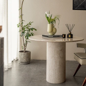 İtalyan doğal taş yuvarlak yemek odası masası modern yuvarlak bej traverten yemek masası doğal mermer toptan özelleştirme