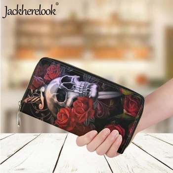 Jackherelook Korku Cüzdan Kadınlar için Moda Kafatası Gül Kılıç Baskı Tasarım Uzun Deri Lüks Çanta kart tutucu Kızlar Debriyaj