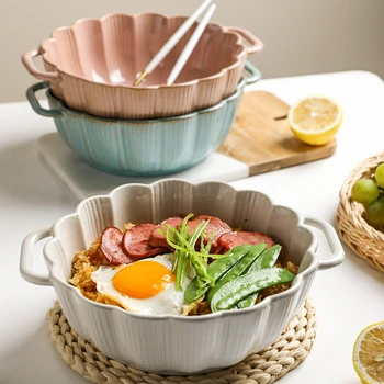 Japon Krizantem Çift Kulak erişte kasesi Ev Sıcak Geçirmez Büyük Boy çorba kasesi Seramik Ramen Kase Mutfak meyve kaseleri