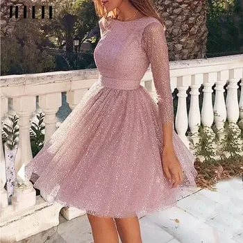 JEHETH Prenses Glitter Abiye 2023 Kadınlar İçin O Boyun Uzun Kollu Parti Törenlerinde Kısa Backless Tül Balo Elbise Özel