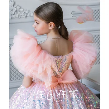 Kabarık Kısa Kollu Bir Çizgi Çiçek Kız Elbise Pembe Yay Glitter Saten Düğün Parti Törenlerinde Prenses