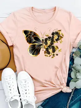 Kadın Baskı T-shirt Casual Kadın Kısa Kollu Çiçek Kanat Trend 90s Bayanlar Moda Giyim T Elbise Grafik Tee