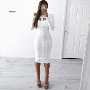 Kadın Beyaz Bandaj Elbise Bodycon Yeni Gelenler Seksi Cut Out Yüksek Boyun Uzun Kollu Parti Rayon Bandaj Midi Elbise