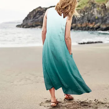 Kadın Elbise 2023 Rahat Rahat Degrade Kolsuz Pamuklu Cep Elbise Yüksek Kalite Lüks Uzun Elbiseler Dropshipping